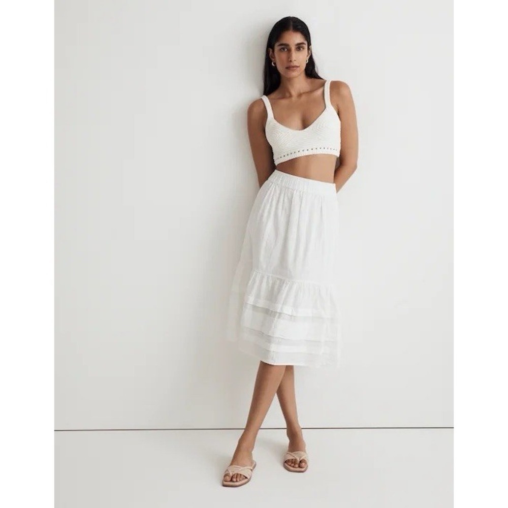 Madewell Pintuck Tiered Midi Skirt Sz M Windowpane Pattern Momcore MSRP $98